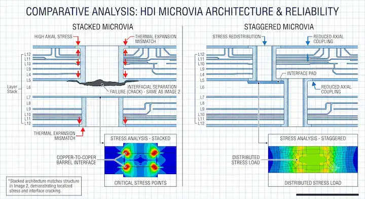 Technical comparison of stacked vs staggered HDI microvia design for improved thermal cycling reliability