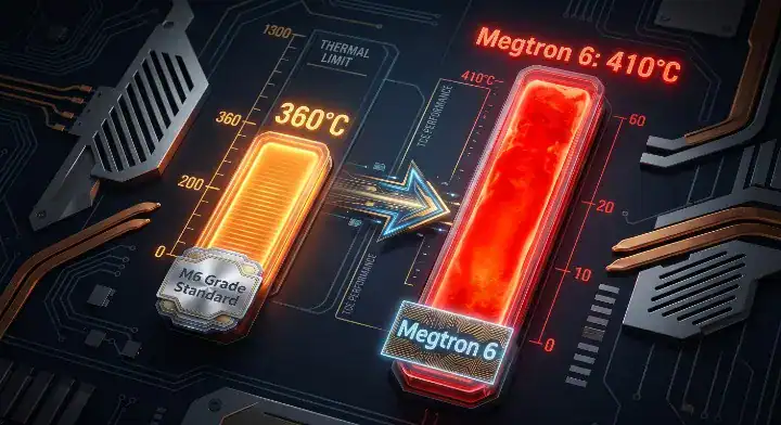 Thermal decomposition Td comparison showing Megtron 6 PCB at 410C versus competing materials
