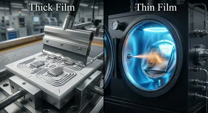 Thick film vs thin film ceramic PCB manufacturing process comparison showing screen printing versus vacuum sputtering