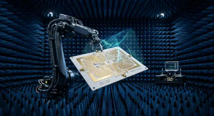 Thin film ceramic PCB for high frequency RF and microwave applications undergoing anechoic chamber testing