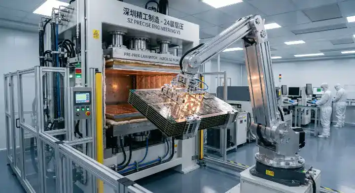 24 layer AI server PCB built with Shengyi material being processed in a Shenzhen fabrication line