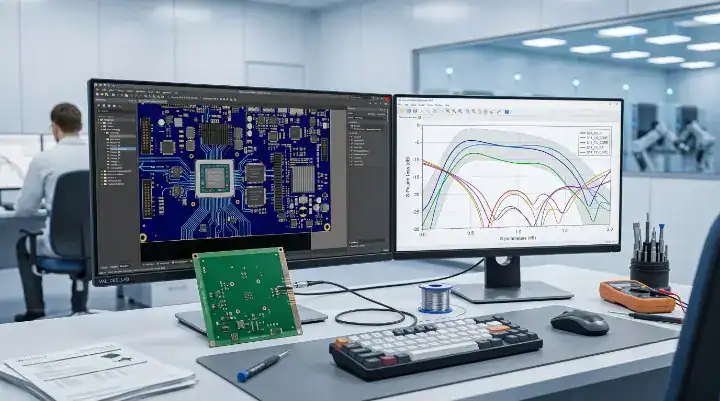 EM 890K PCB Factory engineer analyzing S parameter signal integrity simulation for a 56G PAM4 material downgrade