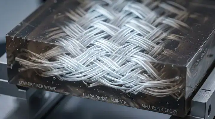 EM 890K PCB Microscopic 3D view of Low Dk glass fiber weave intertwined within the laminate resin