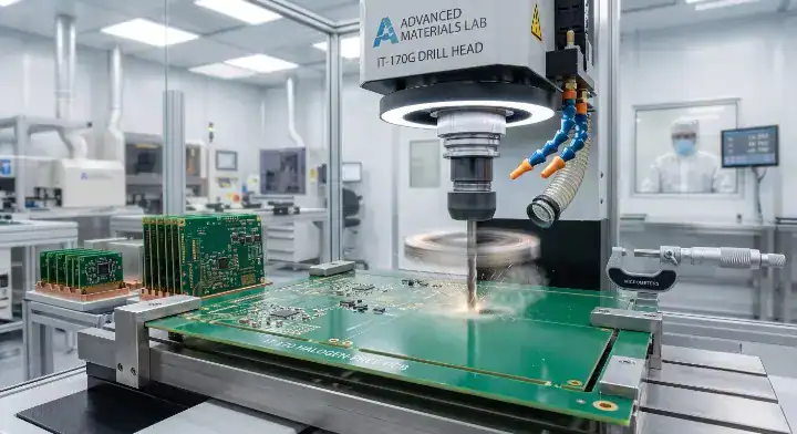 High speed CNC drilling of IT 150DA halogen free PCB panels on a standard fabrication line