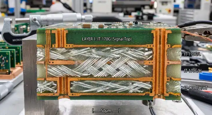 IT 150DA PCB material cross section showing halogen free Tg150 resin layers under magnification