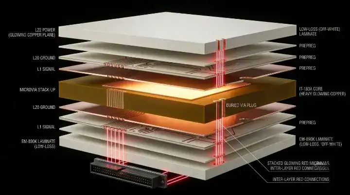 IT 180A PCB 3D exploded view of a hybrid stackup combining IT 180A power cores with high speed signal layers