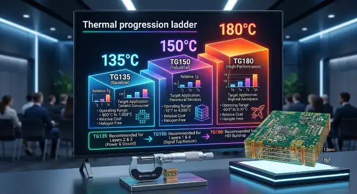 ITEQ thermal Tg ladder comparison chart showing IT 150DA positioning against Tg135 and Tg180 materials