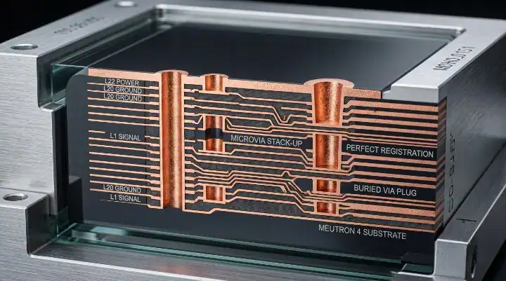 Megtron 4 PCB material cross-section showing multilayer registration review