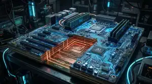Megtron 4 PCB glowing core power layers inside a 22 layer AI server motherboard