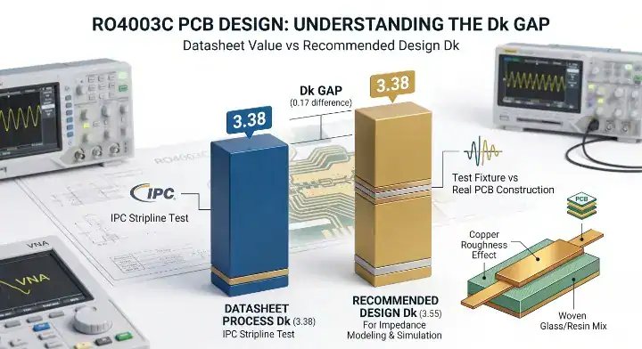 RO4003C PCB dielectric constant Dk trap chart comparing datasheet and design values