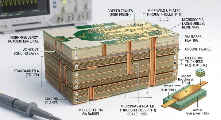 RO4003C PCB hybrid stackup cross section bonded with standard FR 4 digital layers