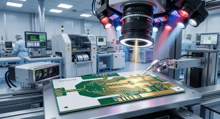 RO4003C PCB undergoing precision automated optical inspection in a factory