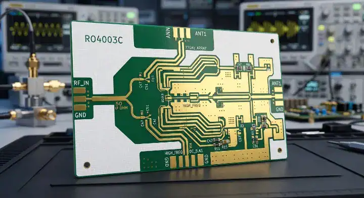 RO4003C PCB with intricate RF circuit traces and gold immersion finish
