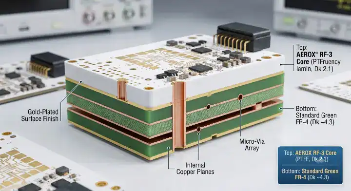 RTduroid 5880 PCB hybrid stackup cross section bonded with standard FR 4 layers