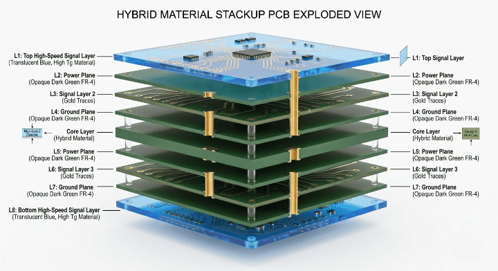 S1000 2M PCB 3D exploded view illustrating a hybrid stackup with inner power and ground core layers