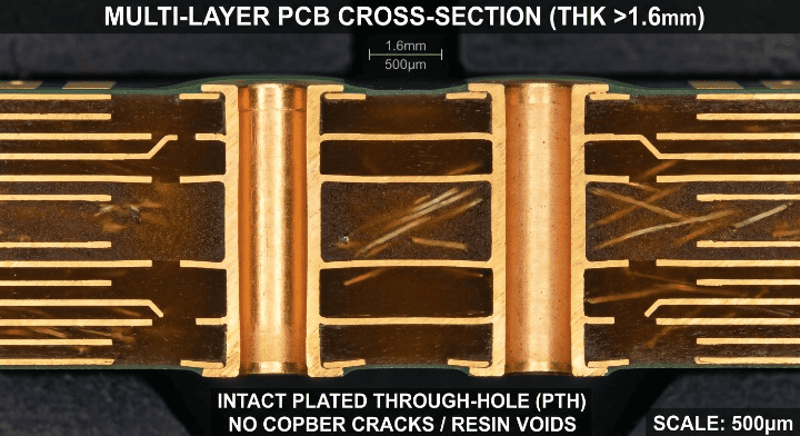 S1000 2M PCB Micro section view demonstrating intact plated through hole (PTH) reliability due to 2.4% low Z axis expansion