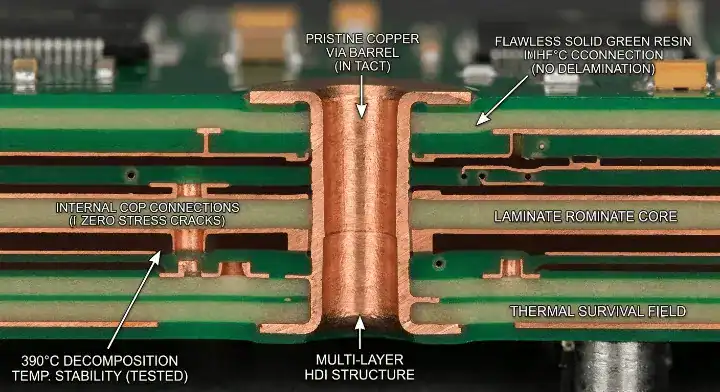S1170G PCB Microscopic cross section showing perfect via barrel integrity after extreme heat exposure