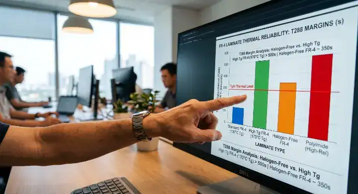 Shengyi S1141 PCB Engineers pointing at a digital chart comparing T288 thermal limits of Tg130 laminates