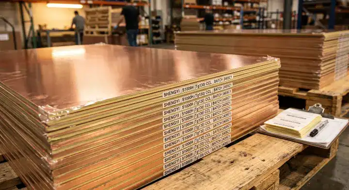Shengyi S1141 PCB Standard Tg130 FR 4 copper clad laminates stacked in a manufacturing facility