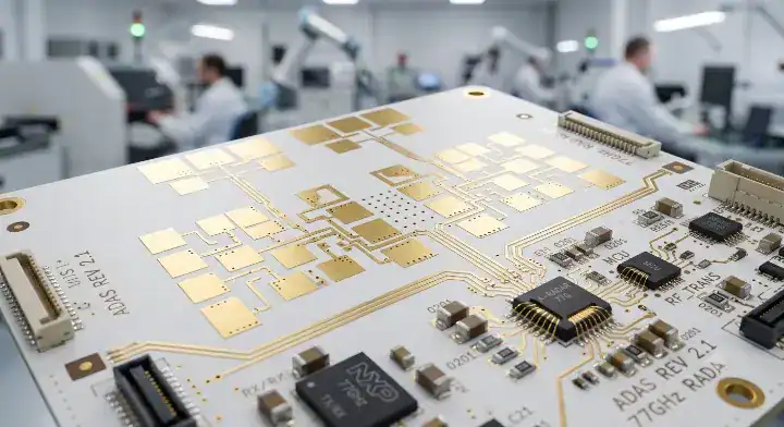 Shengyi mmWave77 PCB material used in a 77GHz automotive ADAS radar module with microstrip patch antennas