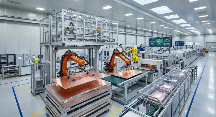 TU 768 PCB Automated robotic arms sorting large copper clad laminates in a TUC fabrication facility