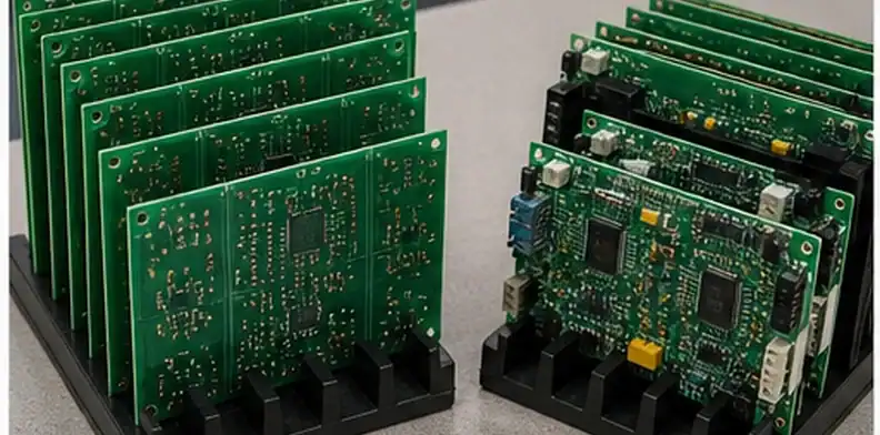 Bare PCB panels compared with assembled PCBA samples on an engineering bench
