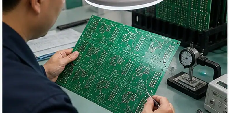 Bare PCB inspection bench with finished panels and measurement tools