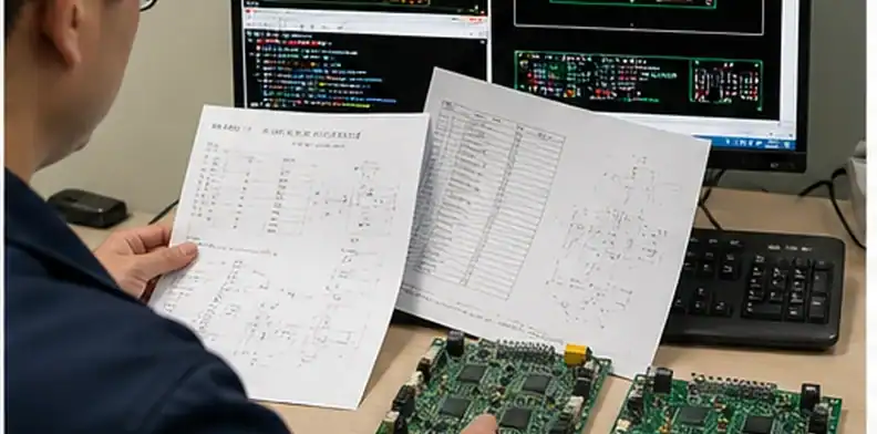 Engineer reviewing Gerber files, BOM, placement drawing, and PCBA samples