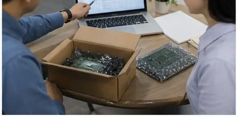 PCB buyer reviewing landed cost and shipping scope beside packed boards