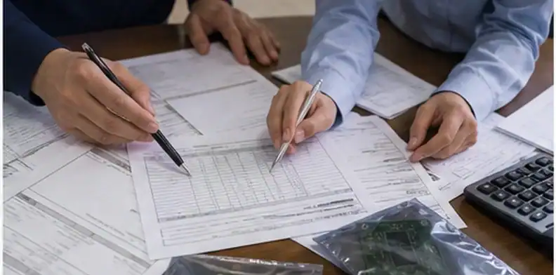 Customs and shipping documents reviewed with PCB samples on a logistics desk