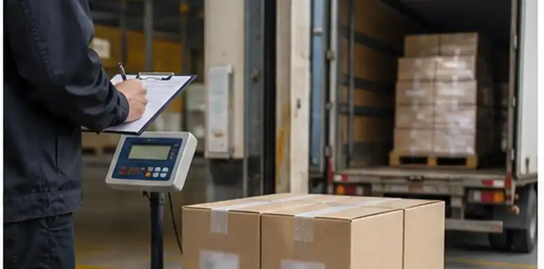 Electronics shipment cartons weighed at a warehouse loading dock