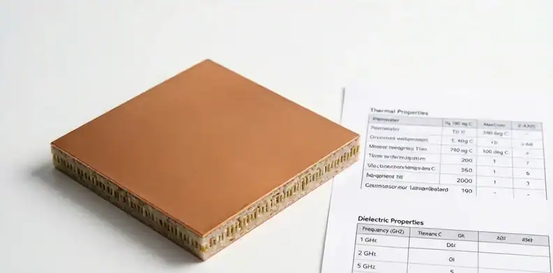 Copper-clad laminate sample with datasheet showing Tg, Td, T288 and frequency-dependent Dk/Df values