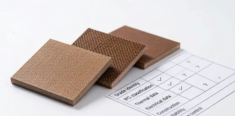 Three laminate samples compared against a qualification matrix covering grade identity, IPC classification, and change control