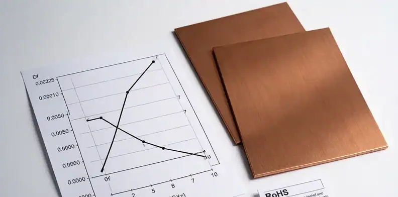 Two laminate samples with a dielectric loss curve graph comparing Df values across frequencies
