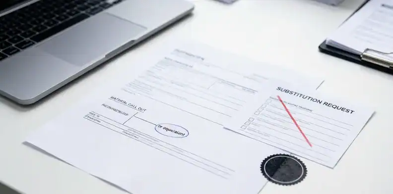 Purchase order with or equivalent circled, a rejected substitution form, and an approval stamp