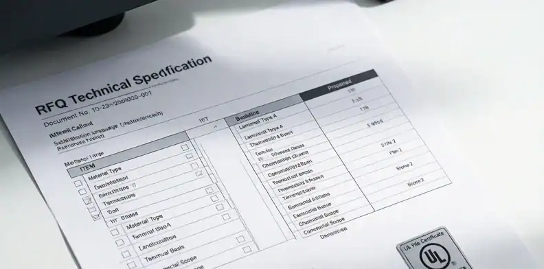 RFQ specification with a checklist and a side-by-side deviation comparison table