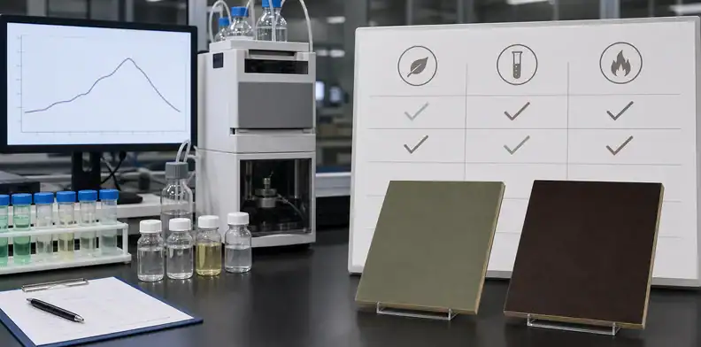 Laminate samples reviewed beside environmental test equipment and a neutral compliance checklist