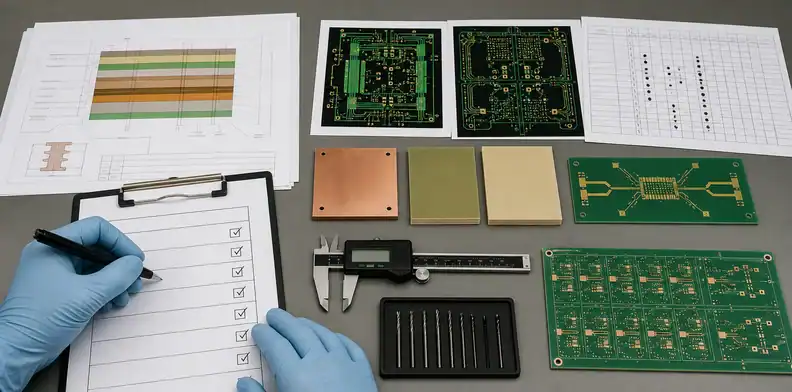 PCB stack-up, drill tools, laminate candidates, and an engineering approval checklist