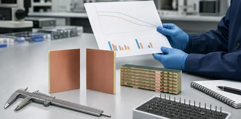 IS410 laminate candidates, a multilayer PCB cross-section, and drilling tools under engineering review