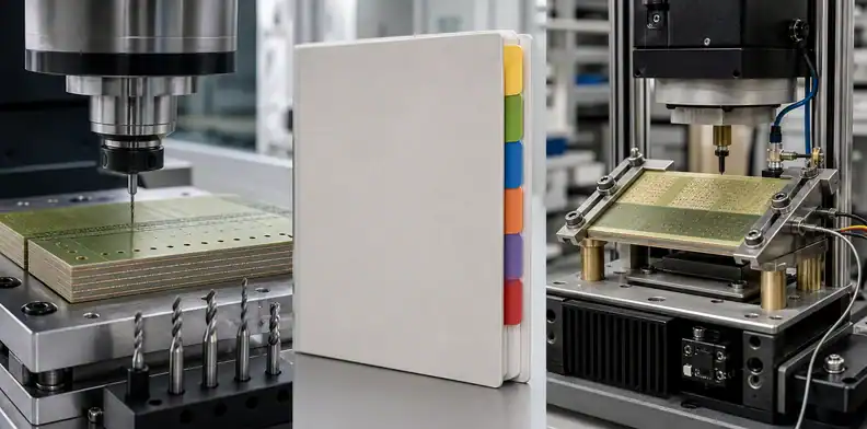 Small-hole PCB drilling, a thermal test fixture, and a tabbed material specification binder