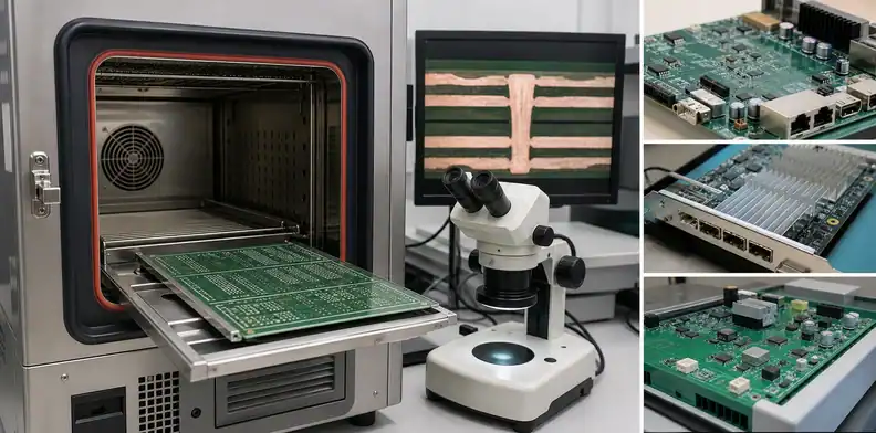 Multilayer PCB coupons in a thermal chamber with cross-section inspection and application boards