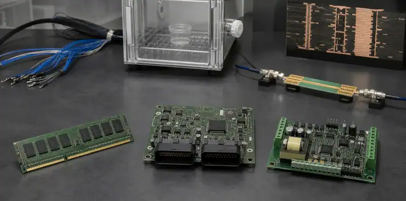 Memory, automotive, and industrial PCBs arranged with thermal and environmental qualification fixtures