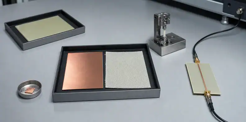 Laminate and prepreg samples beside thermal and dielectric material test fixtures