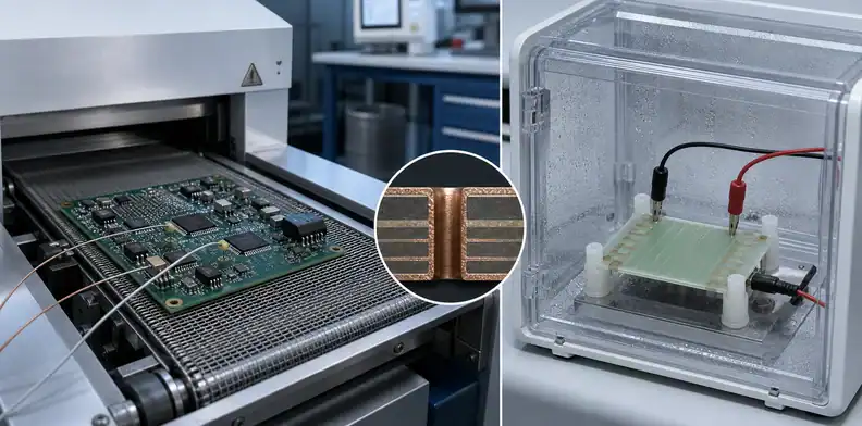 Populated PCB with thermal-profile probes beside a humidity-biased CAF test coupon