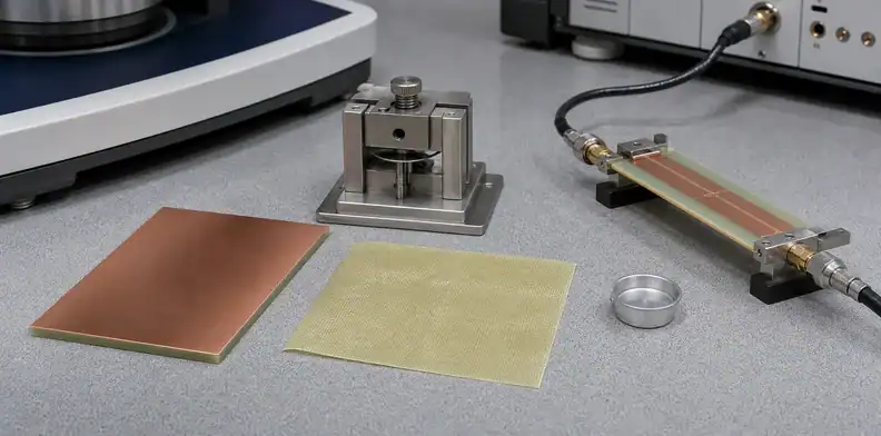 Copper-clad laminate and prepreg samples with thermal and dielectric test fixtures