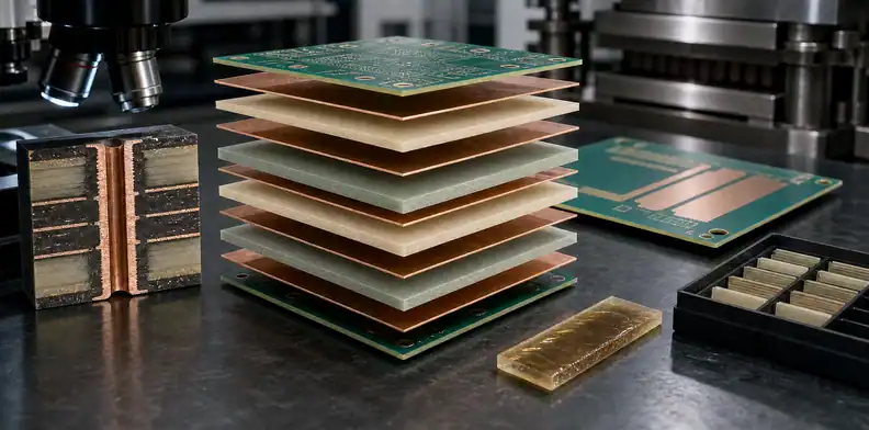 Hybrid multilayer PCB stack-up and plated-hole microsection under fabrication qualification