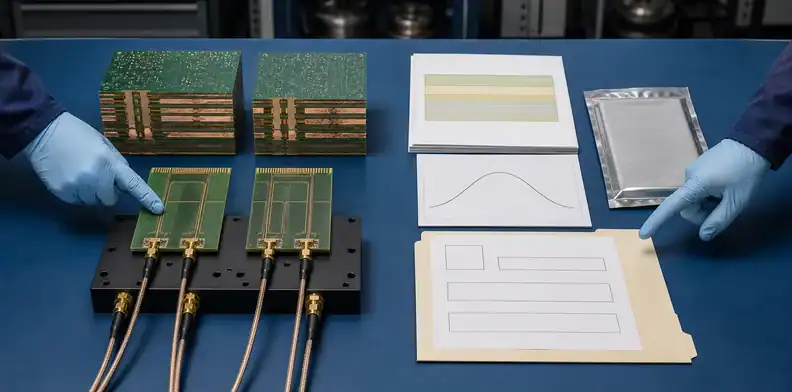 Two buildable PCB stack-ups compared with test coupons and a controlled RFQ package