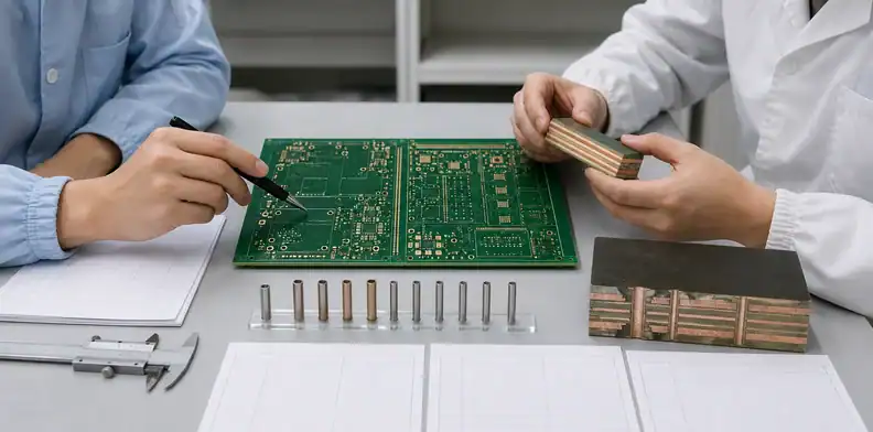 Engineers matching board dimensions, holes, and stack-up to supplier capability