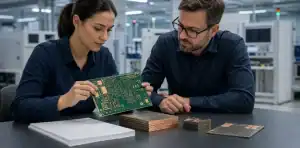 Engineers reviewing a bare PCB and stack-up samples during manufacturer selection