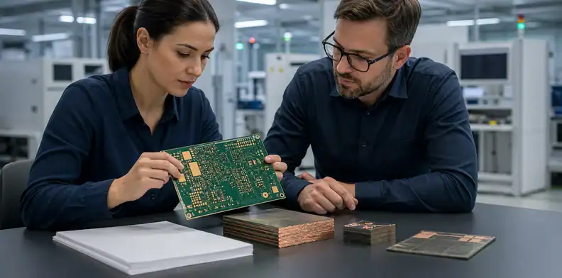 Engineers reviewing a bare PCB and stack-up samples during manufacturer selection
